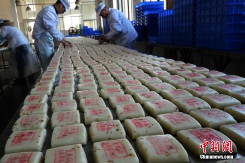 資料圖:師傅們在把制作好的桂花糖年糕擺放整齊。王思哲 攝