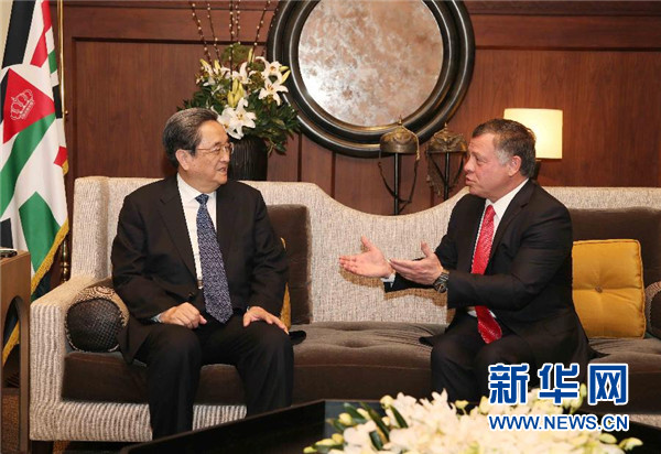 11月9日，正在約旦進行正式友好訪問的全國政協主席俞正聲在安曼會見約旦國王阿卜杜拉二世。 新華社記者 劉衛兵 攝 