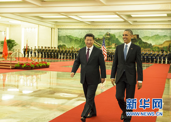 11月12日,國家主席習(xí)近平在北京人民大會堂舉行歡迎儀式,歡迎美國總統(tǒng)奧巴馬對中國進(jìn)行國事訪問。 新華社記者 李學(xué)仁 攝 11月12日,國家主席習(xí)近平在北京人民大會堂舉行歡迎儀式,歡迎美國總統(tǒng)奧巴馬對中國進(jìn)行國事訪問。 新華社記者 李學(xué)仁 攝