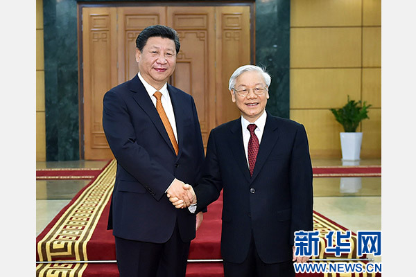 11月5日，中共中央總書記、國家主席習(xí)近平在河內(nèi)同越共中央總書記阮富仲舉行會談。 新華社記者李濤攝