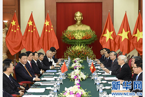 11月5日，中共中央總書記、國家主席習(xí)近平在河內(nèi)同越共中央總書記阮富仲舉行會談。 新華社記者李學(xué)仁攝